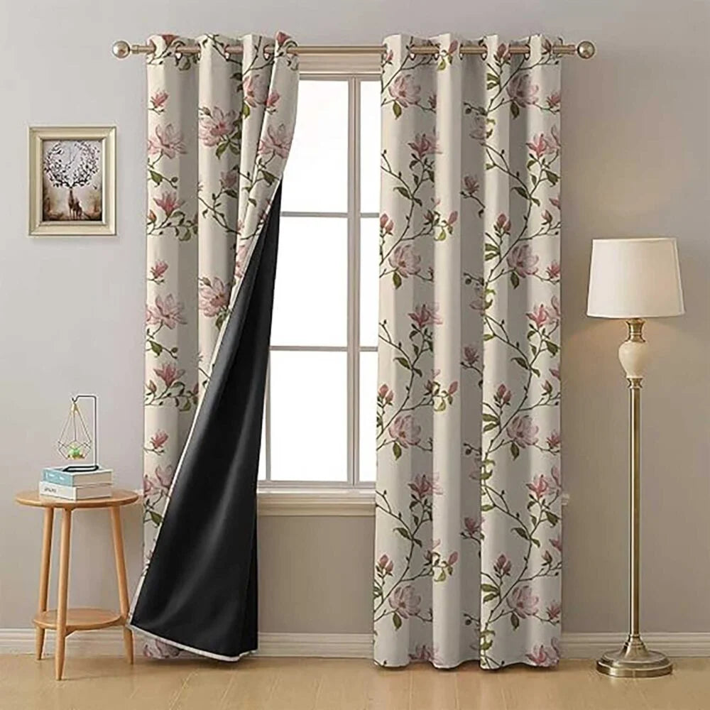 The Parda - Pink Blossom 100% Blackout Curtains, Printed Blackout Curtains With Black Lining At Back , Pack Of 1 Curtain