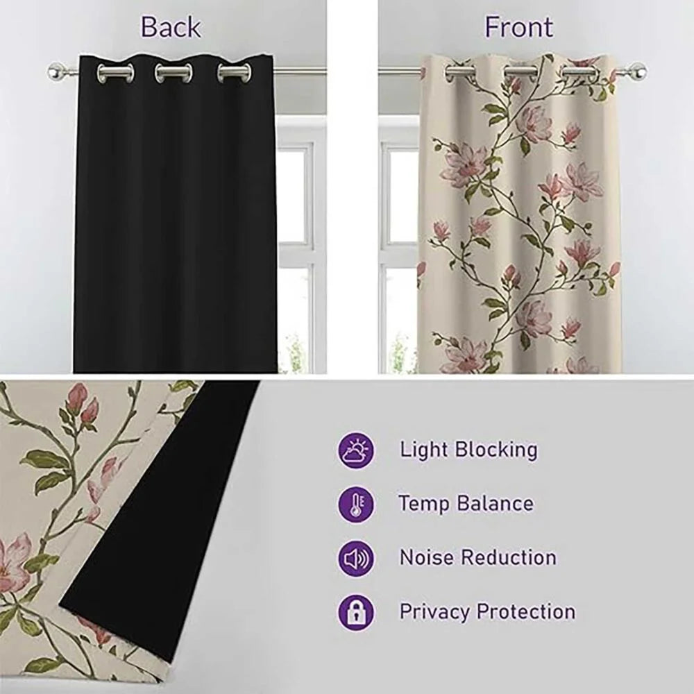 The Parda - Pink Blossom 100% Blackout Curtains, Printed Blackout Curtains With Black Lining At Back , Pack Of 1 Curtain