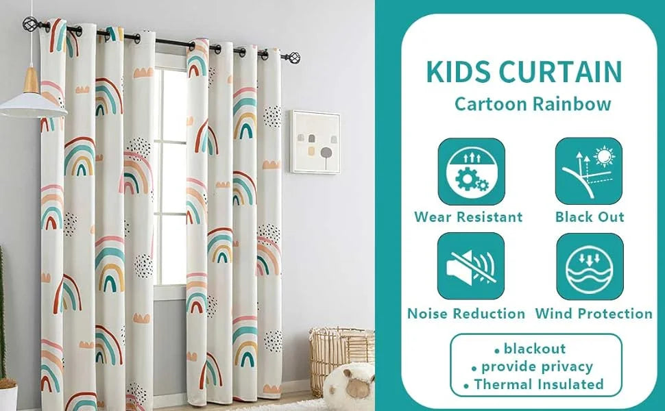 The Parda - Rainbow 100% Blackout Curtain , Rainbow Printed Blackout Curtain With Black Lining At Back For Kids , Pack Of 1 Curtain