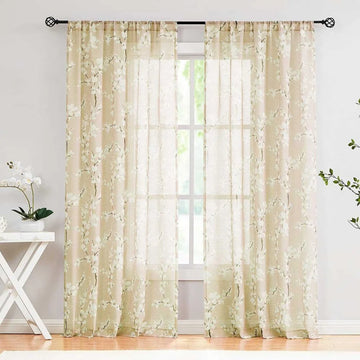 The Parda - Vintage Beige White Floral Printed Sheer Curtains, Rod Pocket, Pack Of 1 Curtain