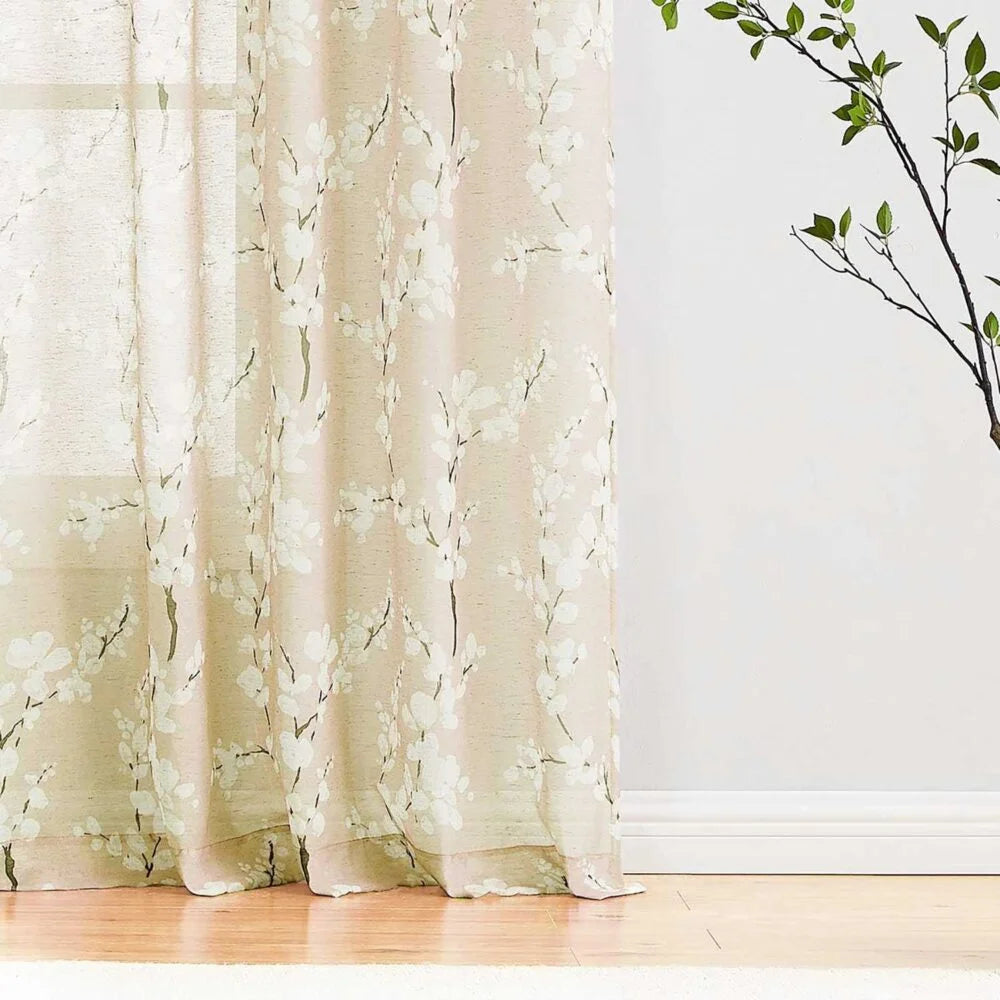The Parda - Vintage Beige White Floral Printed Sheer Curtains, Rod Pocket, Pack Of 1 Curtain