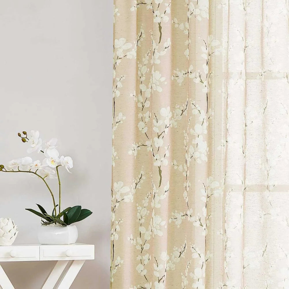 The Parda - Vintage Beige White Floral Printed Sheer Curtains, Rod Pocket, Pack Of 1 Curtain