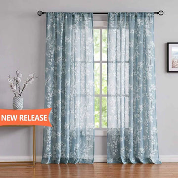 The Parda - Vintage Blue White Floral Printed Sheer Curtains, Rod Pocket, Pack Of 1 Curtain