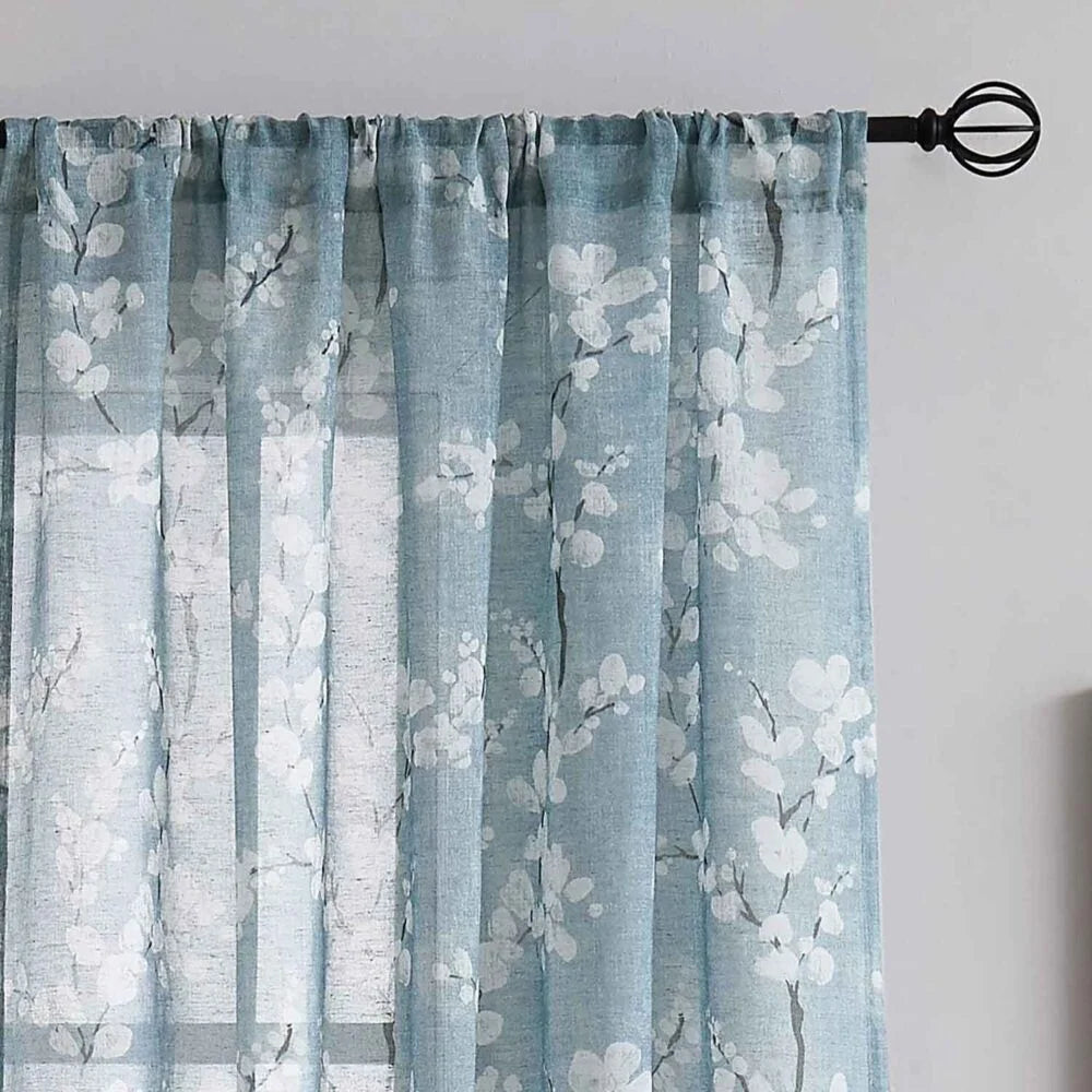 The Parda - Vintage Blue White Floral Printed Sheer Curtains, Rod Pocket, Pack Of 1 Curtain