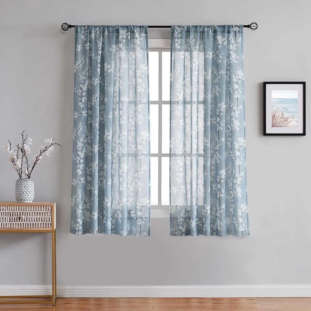 The Parda - Vintage Blue White Floral Printed Sheer Curtains, Rod Pocket, Pack Of 1 Curtain