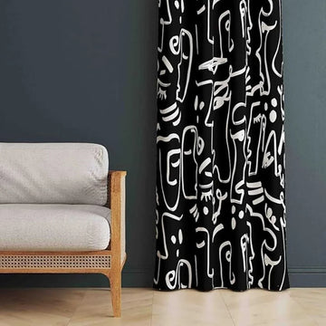 The Parda - Color Modern Abstract Black Faces Printed Blackout Curtain , Premium Fabric 80% Blackout Printed Curtain , Pack Of 1 Curtain
