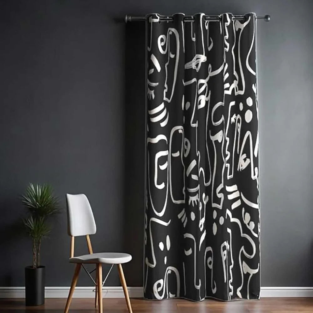 The Parda - Color Modern Abstract Black Faces Printed Blackout Curtain , Premium Fabric 80% Blackout Printed Curtain , Pack Of 1 Curtain