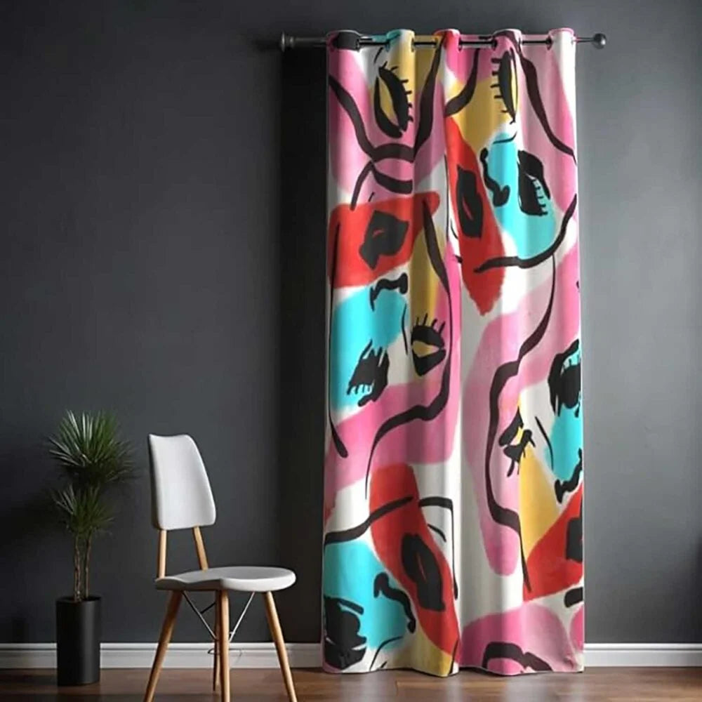 The Parda - Color Modern Abstract Bold Faces Printed Blackout Curtain , Premium Fabric 80% Blackout Printed Curtain , Pack Of 1 Curtain