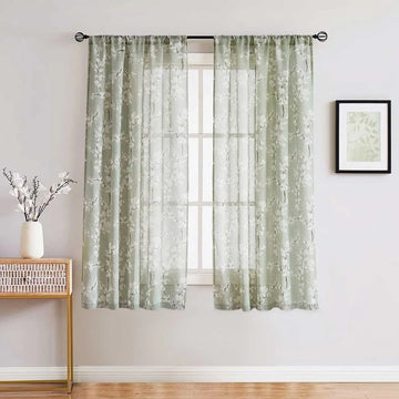 The Parda - Vintage Green White Floral Printed Sheer Curtains, Rod Pocket, Pack Of 1 Curtain