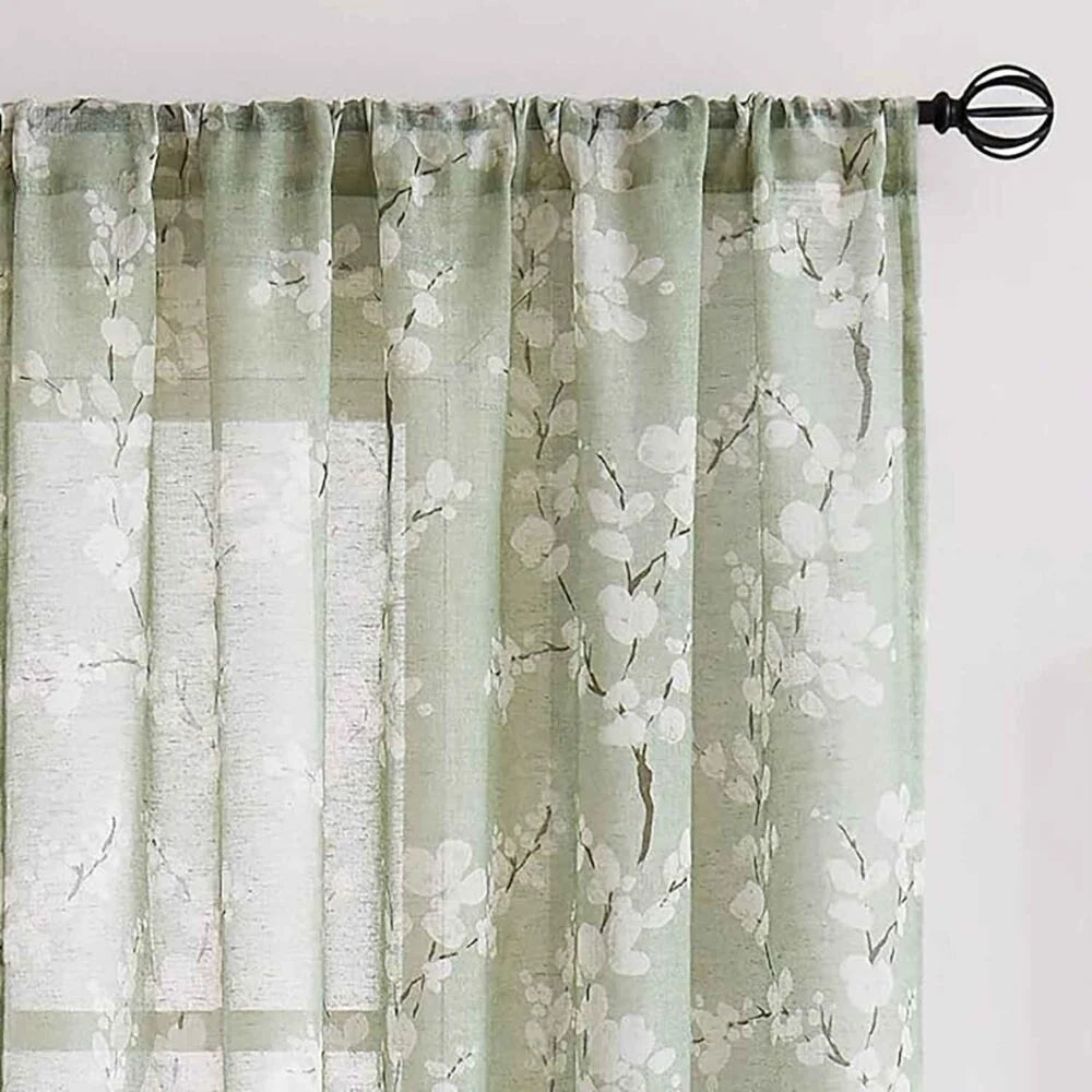 The Parda - Vintage Green White Floral Printed Sheer Curtains, Rod Pocket, Pack Of 1 Curtain
