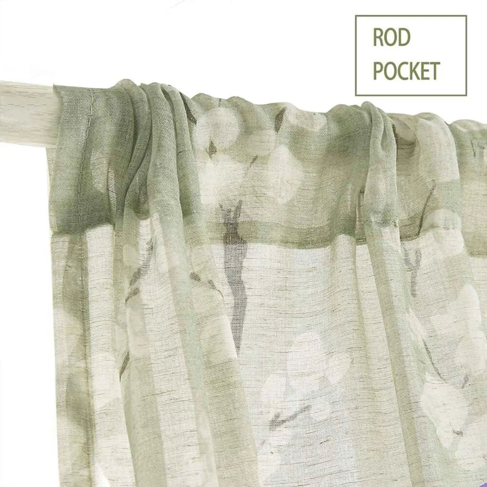 The Parda - Vintage Green White Floral Printed Sheer Curtains, Rod Pocket, Pack Of 1 Curtain