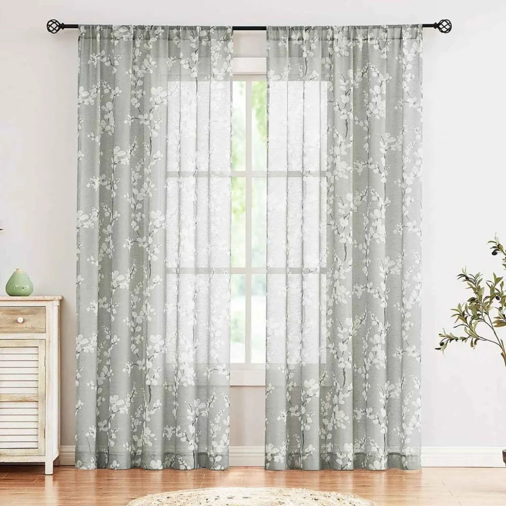 The Parda - Vintage Grey White Floral Printed Sheer Curtains, Rod Pocket, Pack Of 1 Curtain