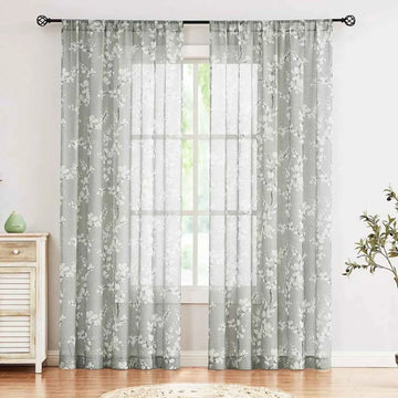 The Parda - Vintage Grey White Floral Printed Sheer Curtains, Rod Pocket, Pack Of 1 Curtain