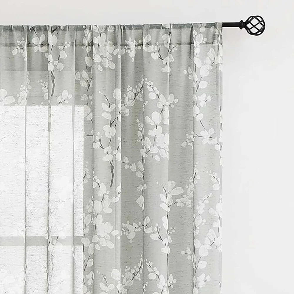 The Parda - Vintage Grey White Floral Printed Sheer Curtains, Rod Pocket, Pack Of 1 Curtain