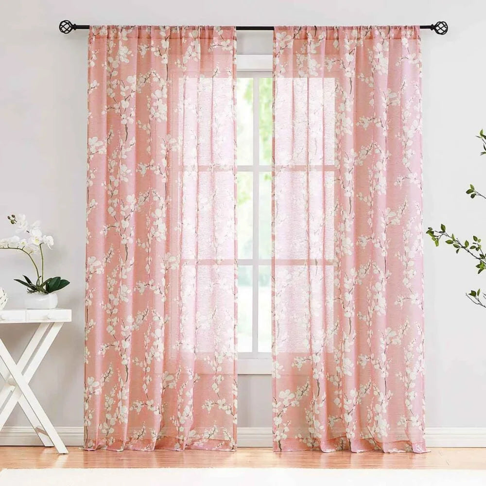 The Parda - Vintage Pink White Floral Printed Sheer Curtains, Rod Pocket, Pack Of 1 Curtain