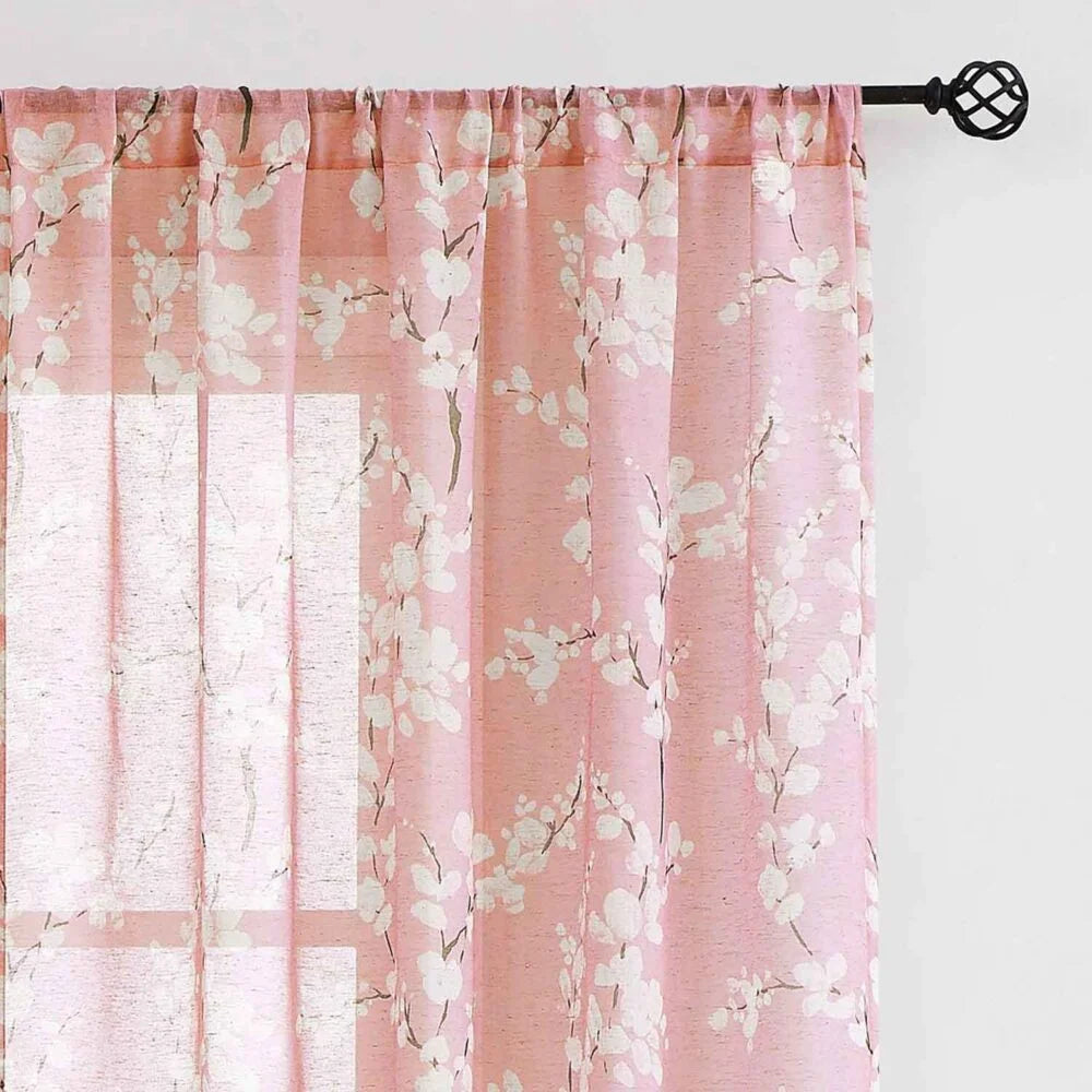 The Parda - Vintage Pink White Floral Printed Sheer Curtains, Rod Pocket, Pack Of 1 Curtain