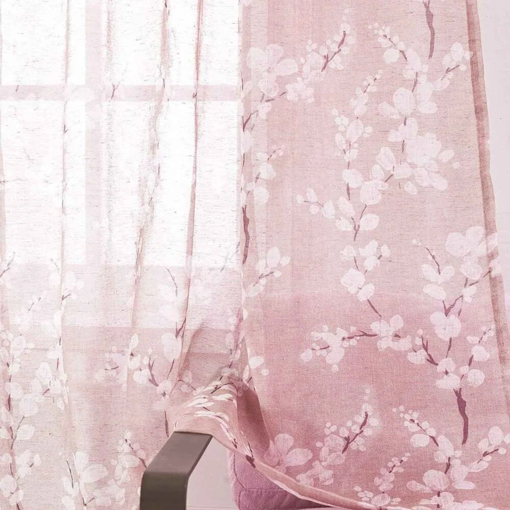 The Parda - Vintage Pink White Floral Printed Sheer Curtains, Rod Pocket, Pack Of 1 Curtain