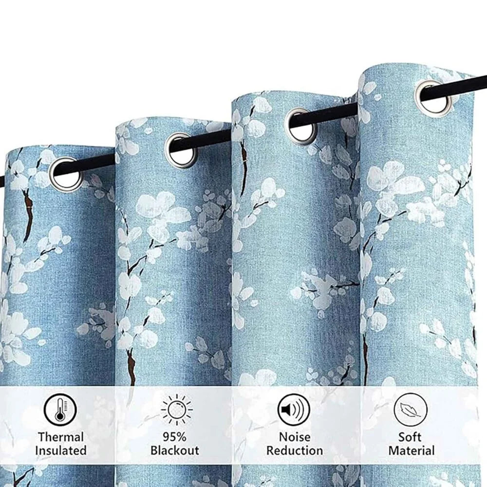 The Parda - Blue Floral Print 100% Blackout Curtain With Black Lining At Back , Pack Of 1 Curtain