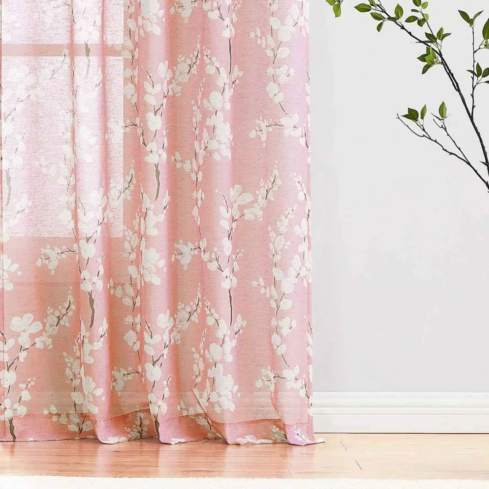 The Parda - Vintage Pink White Floral Printed Sheer Curtains, Rod Pocket, Pack Of 1 Curtain