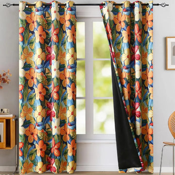 The Parda – Orange and Yellow Floral Print 100% Blackout Curtains With Black Lining At Back , Pack Of 1 Curtain