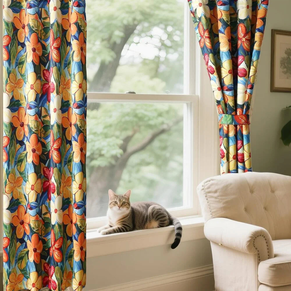 The Parda – Orange and Yellow Floral Print 100% Blackout Curtains With Black Lining At Back , Pack Of 1 Curtain