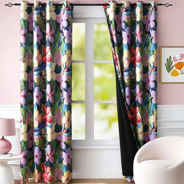 The Parda – Lavender and Purple Floral Print 100% Blackout Curtains With Black Lining At Back , Pack Of 1 Curtain