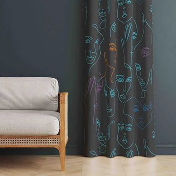 The Parda - Color Modern Abstract Neon Faces Printed Blackout Curtain , Premium Fabric 80% Blackout Printed Curtain , Pack Of 1 Curtain