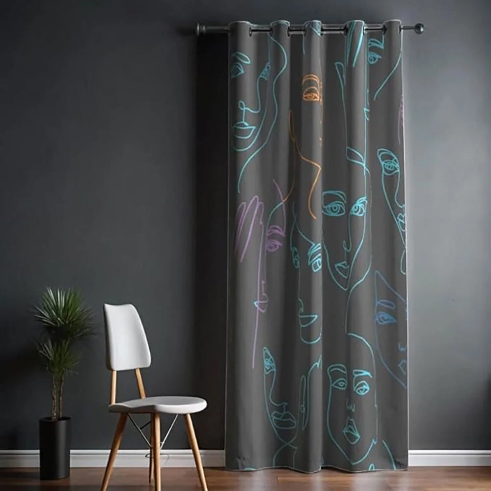 The Parda - Color Modern Abstract Neon Faces Printed Blackout Curtain , Premium Fabric 80% Blackout Printed Curtain , Pack Of 1 Curtain
