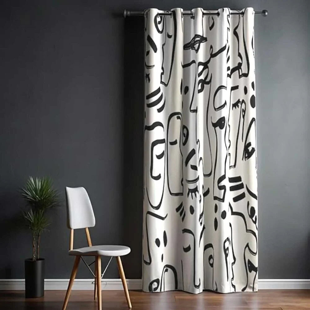 The Parda - Color Modern Abstract White Faces Printed Blackout Curtain , Premium Fabric 80% Blackout Printed Curtain , Pack Of 1 Curtain